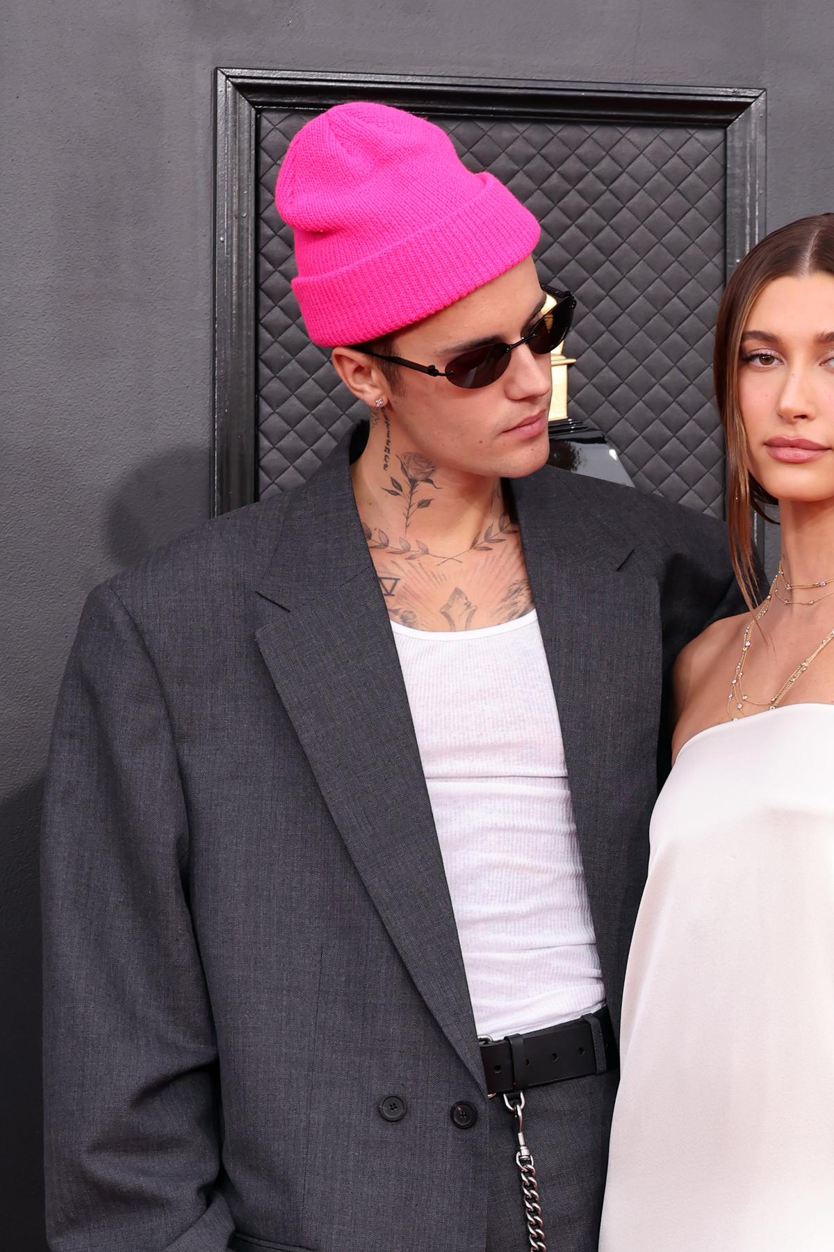 Justin Bieber and Hailey Bieber attend the 64th Annual GRAMMY Awards at MGM Grand Garden Arena on April 03, 2022 in Las Vegas, Nevada. 