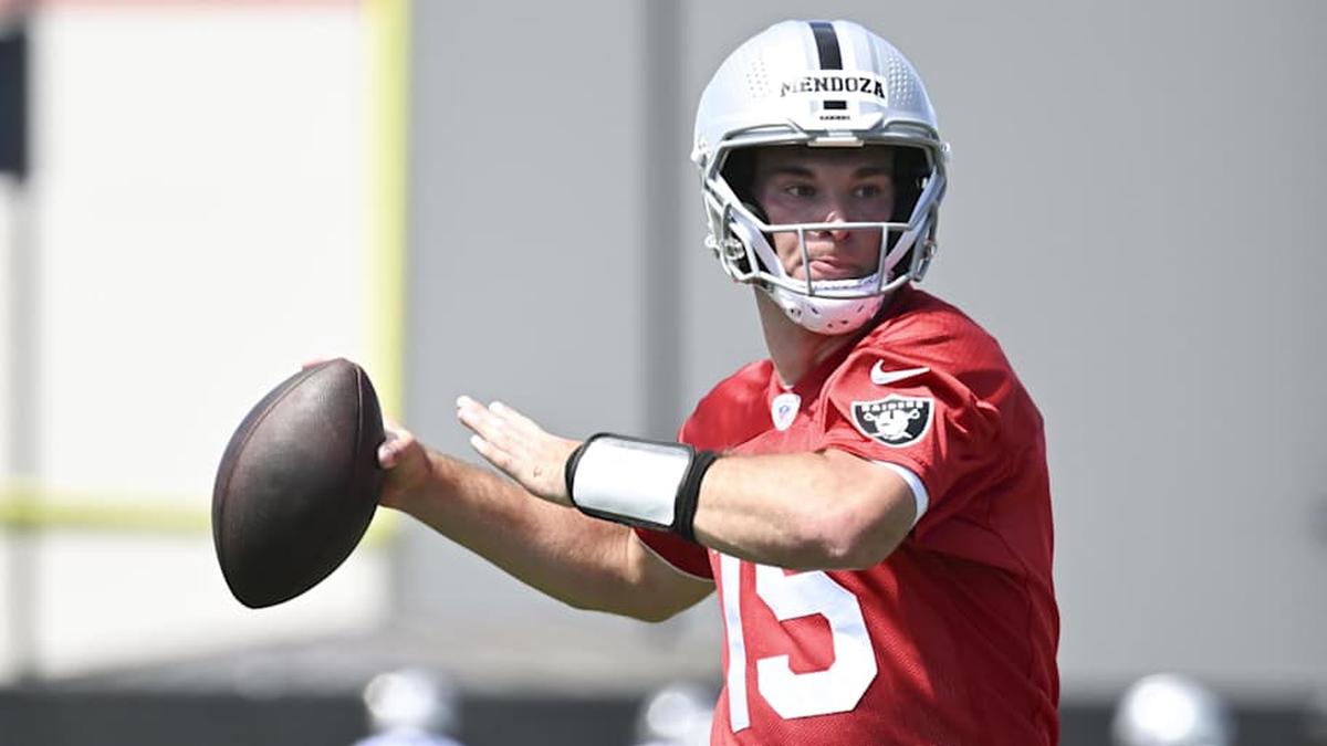  May 2, 2026; Henderson, NV, USA; Las Vegas Raiders quarterback Fernando Mendoza (15) runs through a drill during a Rookie Minicamp at Intermountain Health Performance Center. Mandatory Credit: Candice Ward-Imagn Images | Candice Ward-Imagn Images 