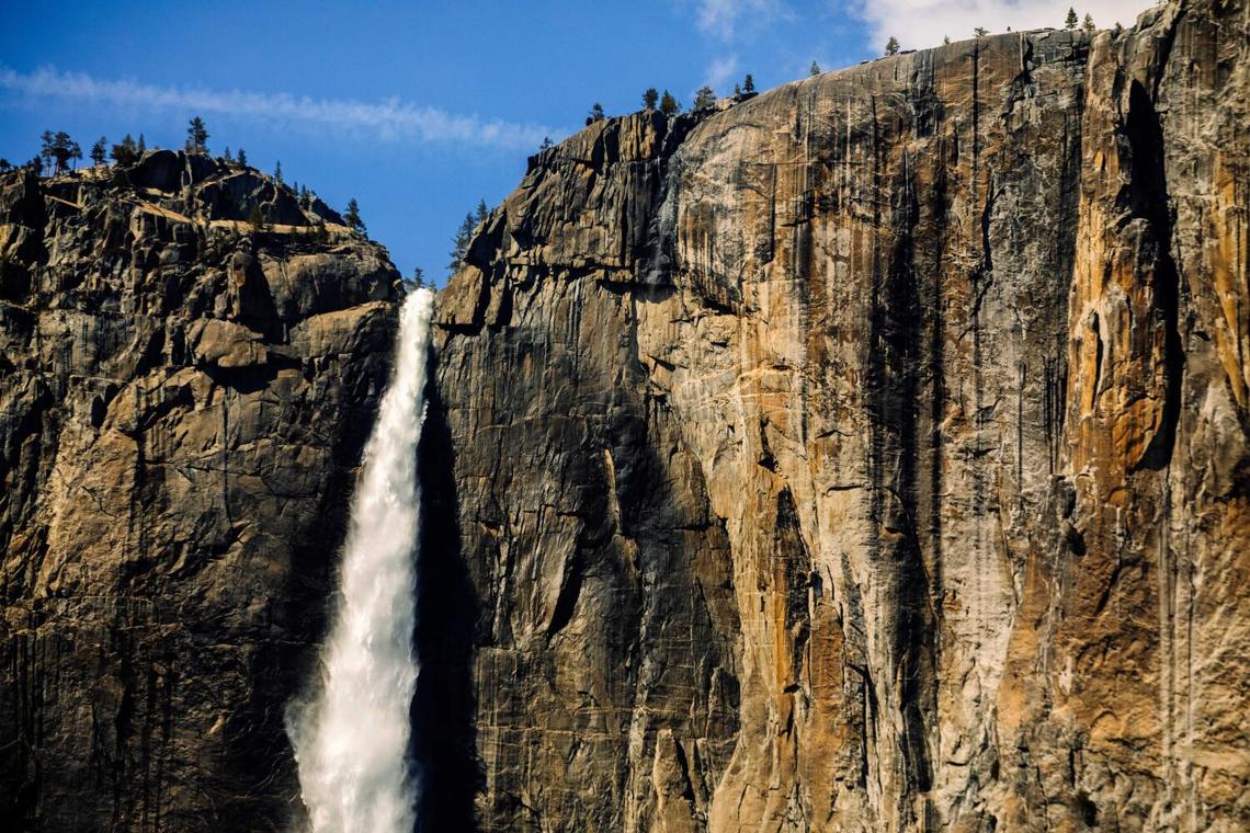 The waterfalls are flowing heavily as the temperature rises in Yosemite National Park in April 2023.