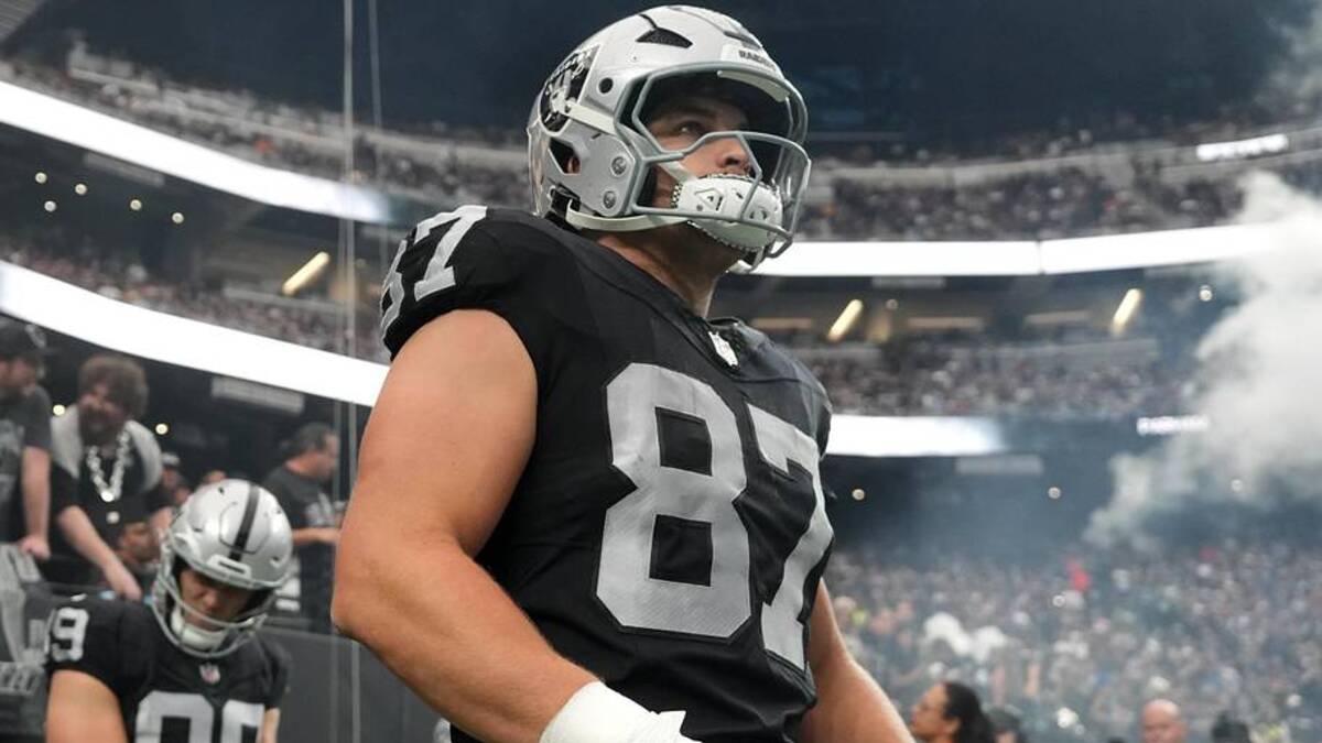  Nov 23, 2025; Paradise, Nevada, USA; Las Vegas Raiders tight end Michael Mayer (87) walks on field before the game against the Cleveland Browns at Allegiant Stadium. Mandatory Credit: Kirby Lee-Imagn Images | Kirby Lee-Imagn Images 