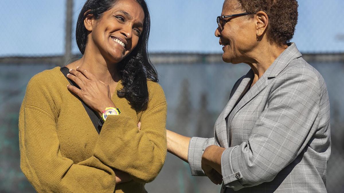 Los Angeles City Council member Nithya Raman, left, talks with Mayor Karen Bass at Hazeltine Park in Sherman Oaks where supporters gathered before heading out for a door to door canvas. Raman is facing a vigorous challenge from deputy city attorney Ethan Weaver and the mayor is campaigning for her. (Mel Melcon/Los Angeles Times/TNS)