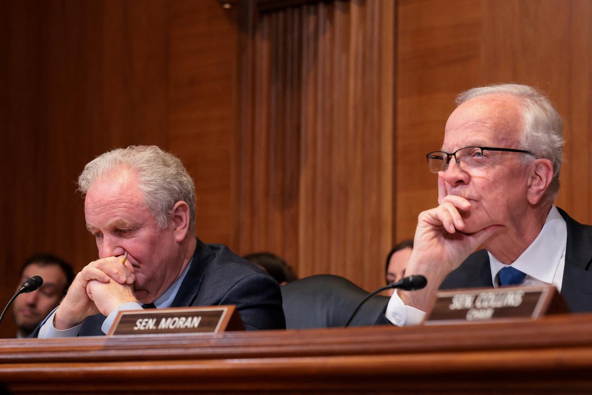 Subcommittee chairman Senator Jerry Moran (R-KS) and subcommittee ranking member Senator Chris Van Hollen (D-MD) listen as FBI Director Kash Patel testifies before a Senate Appropriations Commerce, Justice, Science, and Related Agencies Subcommittee hearing on U.S. President Donald Trump's FY2027 budget request for the Federal Bureau of Investigation (FBI), the Drug Enforcement Administration (DEA); the United States Marshals Service; and the Bureau of Alcohol, Tobacco, Firearms and Explosives (ATF), on Capitol Hill in Washington, D.C., U.S., May 12, 2026. REUTERS/Kylie Cooper