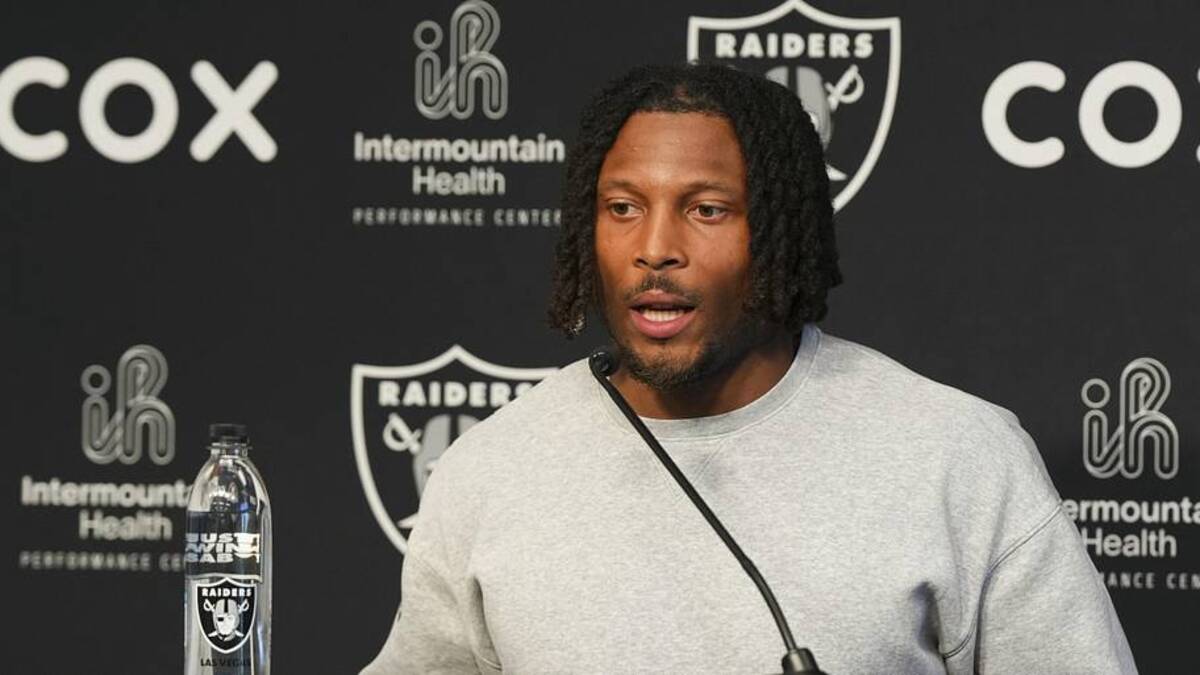 May 28, 2026; Henderson, NV, USA; Las Vegas Raiders wide receiver Tre Tucker (1) speaks during a news conference during organized team activities at Intermountain Health Performance Center. Mandatory Credit: Candice Ward-Imagn Images | Candice Ward-Imagn Images 