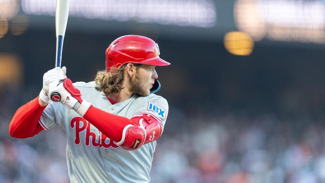  Apr 6, 2026; San Francisco, California, USA; Philadelphia Phillies third baseman Alec Bohm (28) gets ready to hit during the first inning against the San Francisco Giants at Oracle Park. | Bob Kupbens-Imagn Images 
