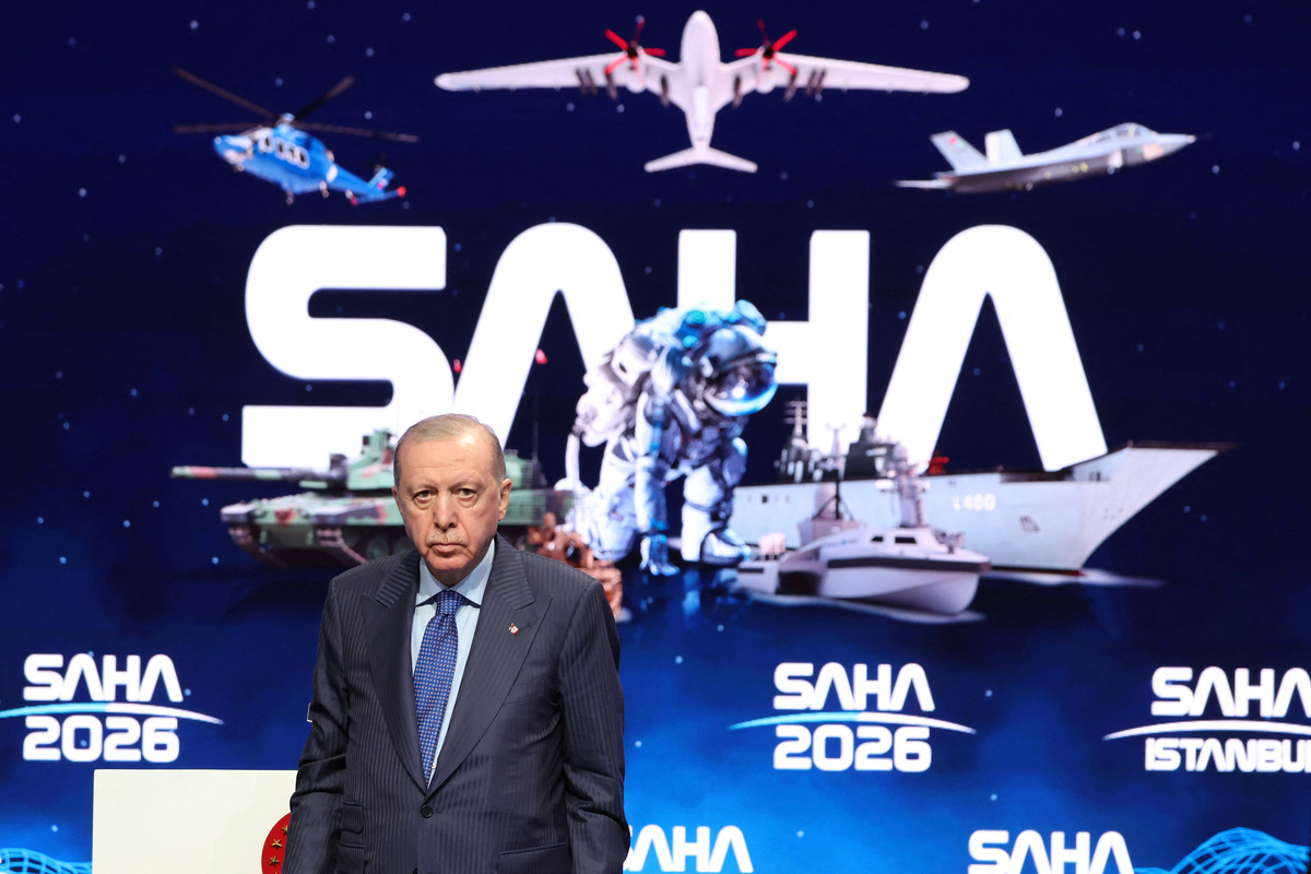 FILE PHOTO: Turkish President Tayyip Erdogan attends the closing event of the SAHA 2026 International Defence and Aerospace Exhibition in Istanbul, Turkey, May 8, 2026. REUTERS/Murad Sezer/File Photo