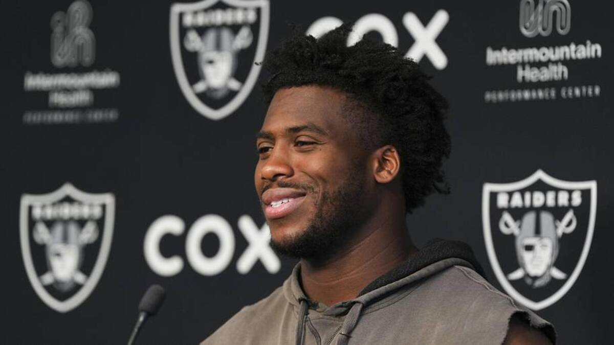  Jun 3, 2026; Henderson, NV, USA; Las Vegas Raiders defensive end Malcolm Koonce (51) speaks during a news conference during organized team activities at Intermountain Health Performance Center. Mandatory Credit: Candice Ward-Imagn Images | Candice Ward-Imagn Images 