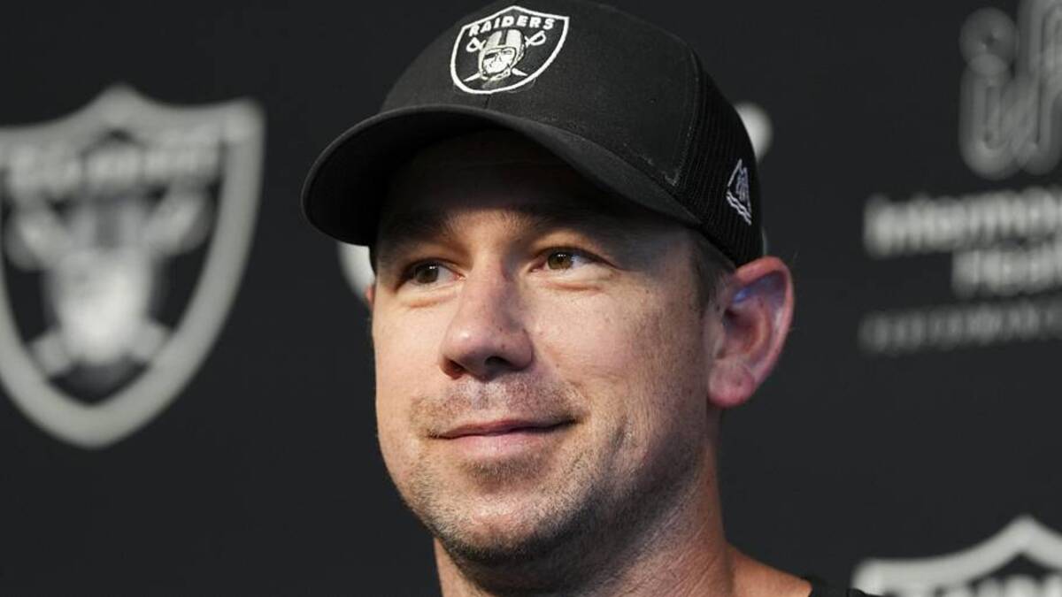  May 20, 2026; Henderson, NV, USA; Las Vegas Raiders head coach Klint Kubiak speaks during a news conference during organized team activities at Intermountain Health Performance Center. Mandatory Credit: Candice Ward-Imagn Images | Candice Ward-Imagn Images 