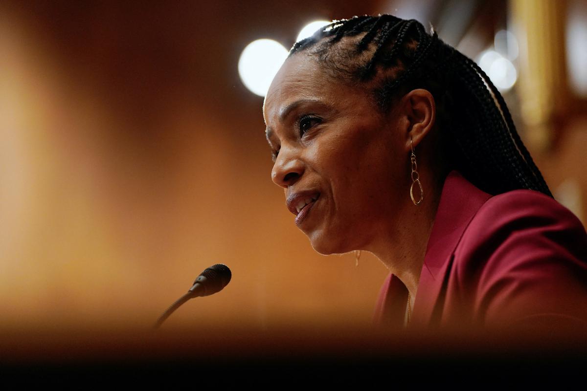 FILE PHOTO: U.S. Senator Angela Alsobrooks (D-MD) speaks, as Kevin Warsh, (not pictured) U.S. President Donald Trump's nominee to be the next chair of the Federal Reserve, attends a Senate Banking Committee confirmation hearing to testify, on Capitol Hill in Washington, D.C., U.S., April 21, 2026. REUTERS/Elizabeth Frantz/File Photo