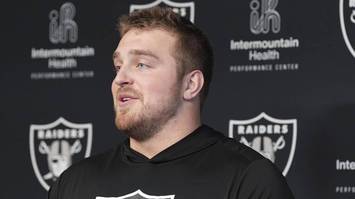  May 2, 2026; Henderson, NV, USA; Las Vegas Raiders guard Trey Zuhn II (66) speaks during a news conference at the team's Rookie Minicamp at Intermountain Health Performance Center. Mandatory Credit: Candice Ward-Imagn Images | Candice Ward-Imagn Images 