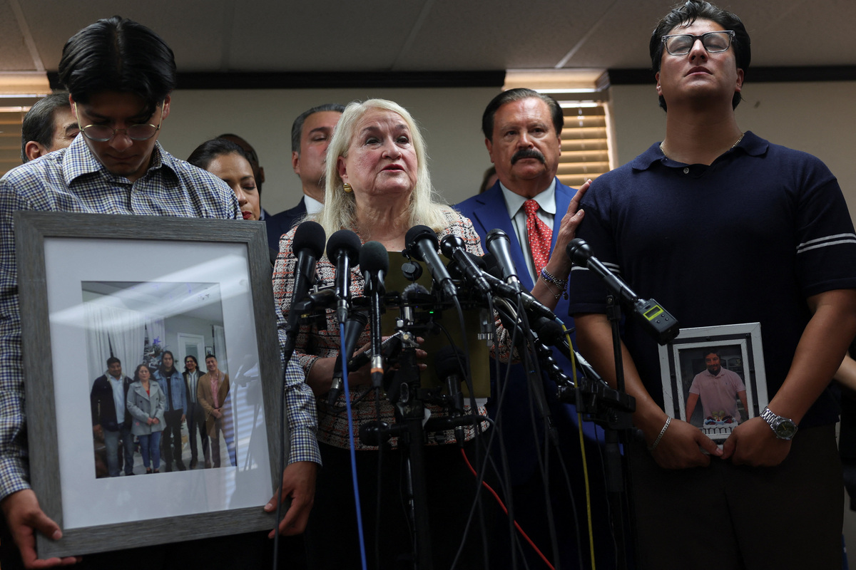 Family members attend a news conference after an ICE agent fatally shot a Mexican motorist identified as Lorenzo Salgado Araujo, in Houston, Texas, U.S., July 8, 2026.  REUTERS/Antranik Tavitian