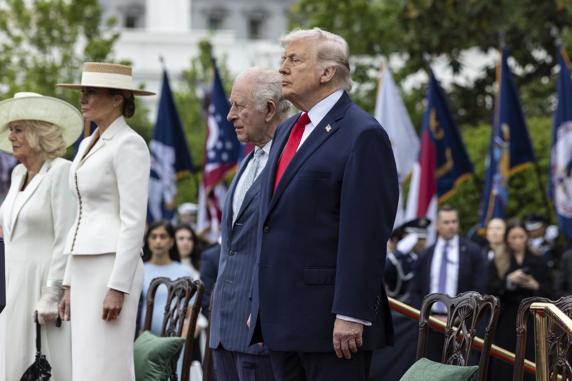 From right: President Donald Trump, King Charles III, first lady Melania Trump and Queen Camilla during an arrival ceremony on the South Lawn of the White House in Washington, on Tuesday, April 28, 2026. (Anna Rose Layden/The New York Times)
