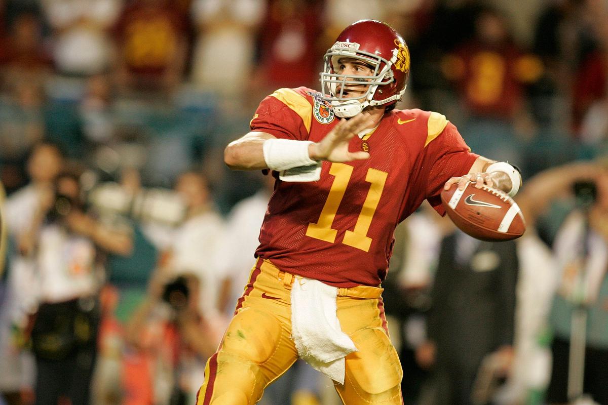 Jan 04, 2005; Miami, FL, USA; USC Trojans quarterback Matt Leinart in action during the 2005 Orange Bowl against the Oklahoma Sooners . Leinart, who threw 5 touchdowns, was named the game's MVP.