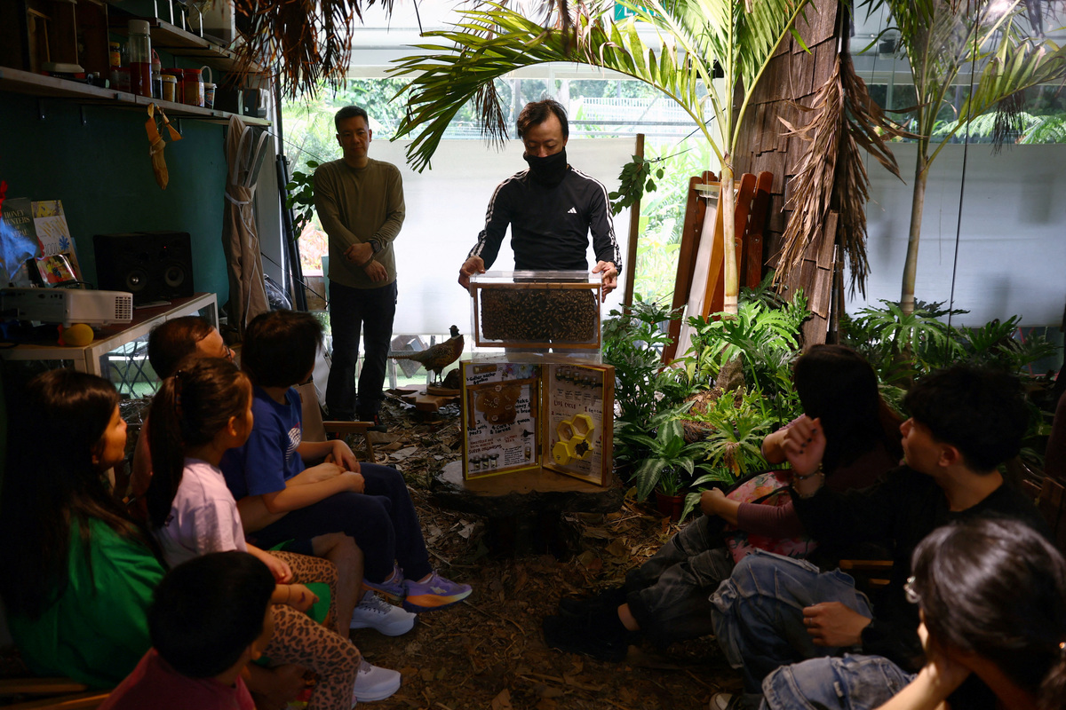 Bee rescuers Clarence Chua and Eugene Goh speak to participants about bees during a honey-harvesting workshop in Singapore, May 23, 2026. REUTERS/Edgar Su