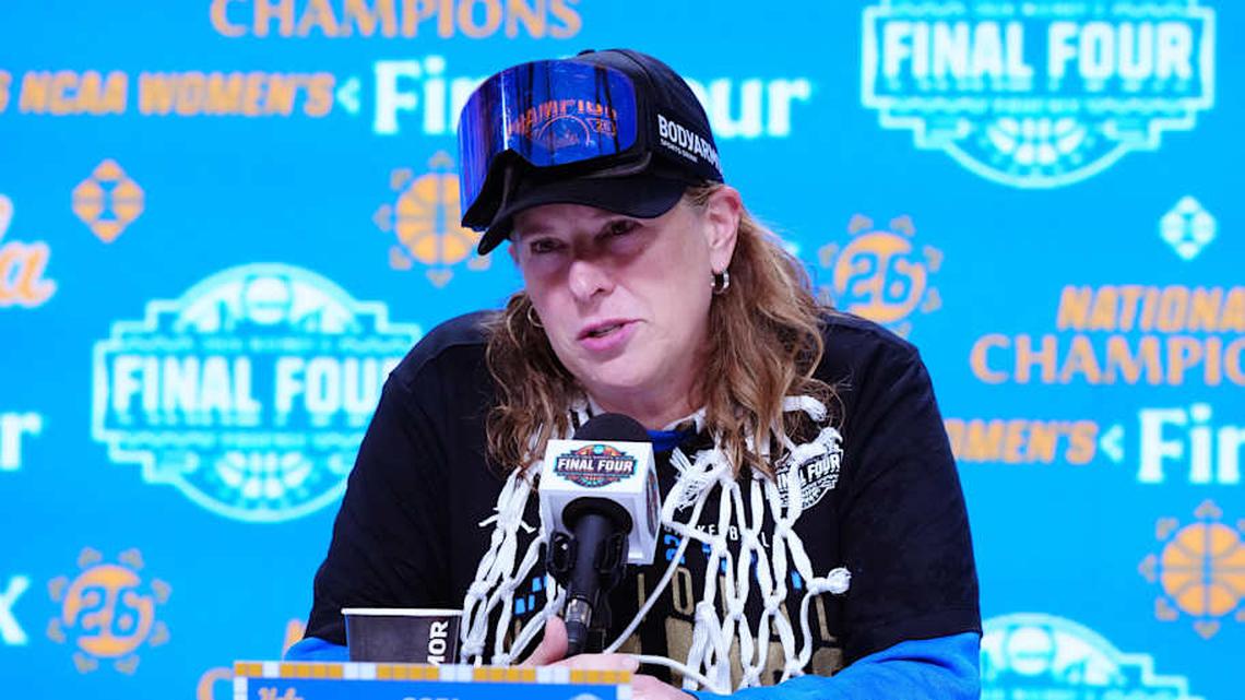  Apr 5, 2026; Phoenix, AZ, USA; UCLA Bruins head coach Cori Close speaks in a press conference after defeating the South Carolina Gamecocks during the National Championship game of the women's 2026 NCAA Tournament at Mortgage Matchup Center. Mandatory Credit: Kirby Lee-Imagn Images | Kirby Lee-Imagn Images 