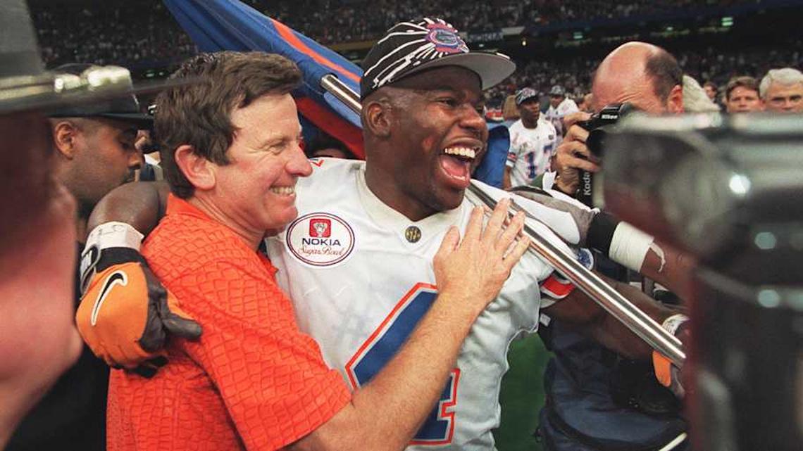  Safety Lawrence Wright celebrates with Florida coach Steve Spurrier after the Gators beat Florida State for the national championship in the Sugar Bowl. | Palm Beach Post-USA TODAY Network via Imagn Images 
