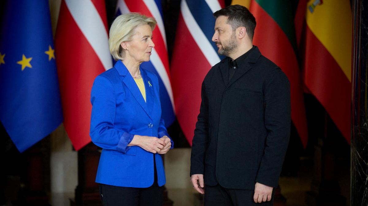 FILE PHOTO: Ukrainian President Volodymyr Zelenskiy meets with President of the European Commission Ursula von der Leyen before a meeting of 'Coalition of the Willing', amid Russia's attack on Ukraine, in Kyiv, Ukraine February 24, 2026. Ukrainian Presidential Press Service/Handout via REUTERS/ File Photo