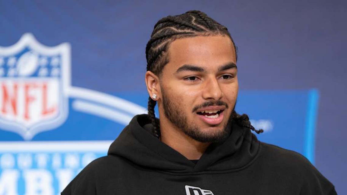  Feb 26, 2026; Indianapolis, IN, USA; Arizona defensive back Treydan Stukes (DB49) speaks to members of the media during the NFL Combine at the Indiana Convention Center. Mandatory Credit: Jacob Musselman-Imagn Images | Jacob Musselman-Imagn Images 