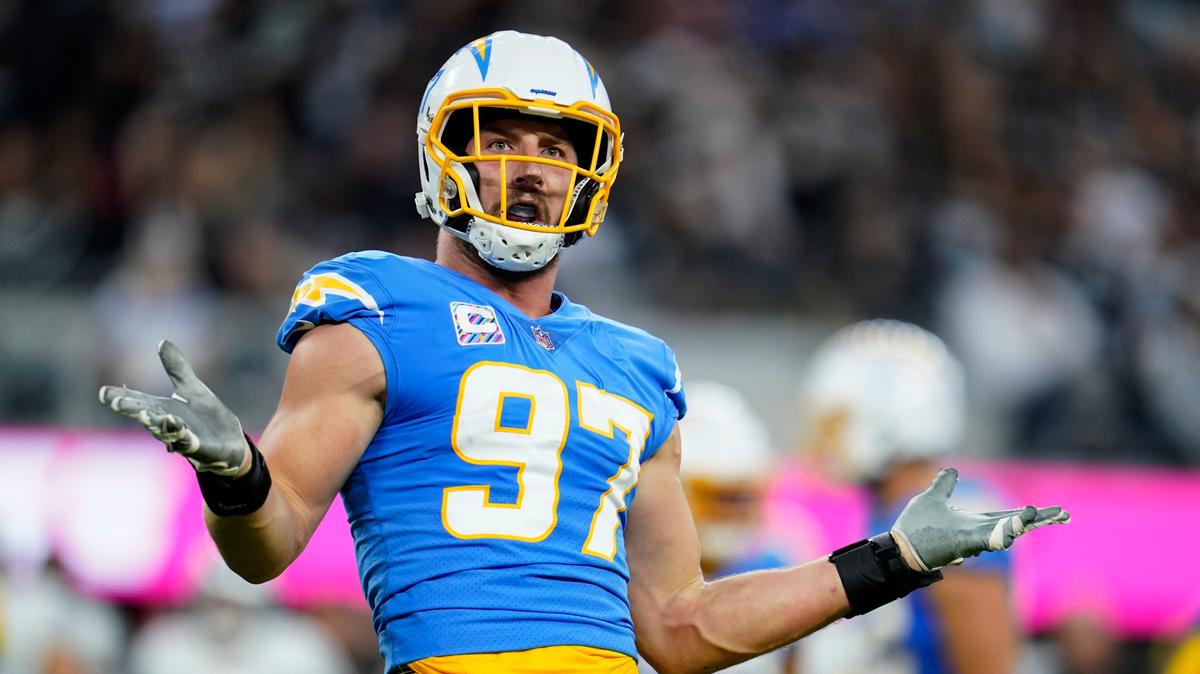 Los Angeles Chargers defensive end Joey Bosa reacts after sacking Las Vegas Raiders quarterback Derek Carr during the first half of an NFL football game Monday, Oct. 4, 2021, in Inglewood, Calif. (AP Photo/Marcio Jose Sanchez)