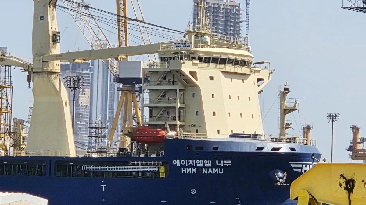 A bulk container ship operated by South Korean shipper HMM Co. is docked at a port in Dubai in this file photo taken May 9 after being damaged from a fire following an explosion in the Strait of Hormuz. File Photo by Yonhap