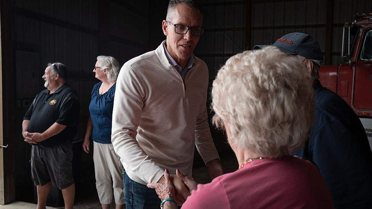 Republican Iowa gubernatorial candidate U.S. Rep Randy Feenstra speaks to guests during a campaign event at the Silo City farm near Sioux Rapids on May 30. The primary loss for Feenstra, whom Donald Trump endorsed, came at a time of mixed signals of the president’s power over his party.