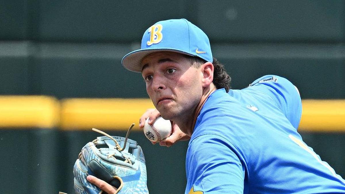  Jun 14, 2025; Omaha, Neb, USA; UCLA Bruins shortstop Roch Cholowsky (1) completes a double play against the Murray State Racers during the second inning at Charles Schwab Field. Mandatory Credit: Steven Branscombe-Imagn Images | Steven Branscombe-Imagn Images 