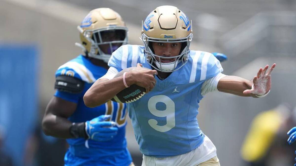  May 2, 2026; Pasadena, CA, USA; UCLA Bruins quarterback Nico Iamaleava (9) carries the ball during the spring game at Rose Bowl. Mandatory Credit: Kirby Lee-Imagn Images | Kirby Lee-Imagn Images 
