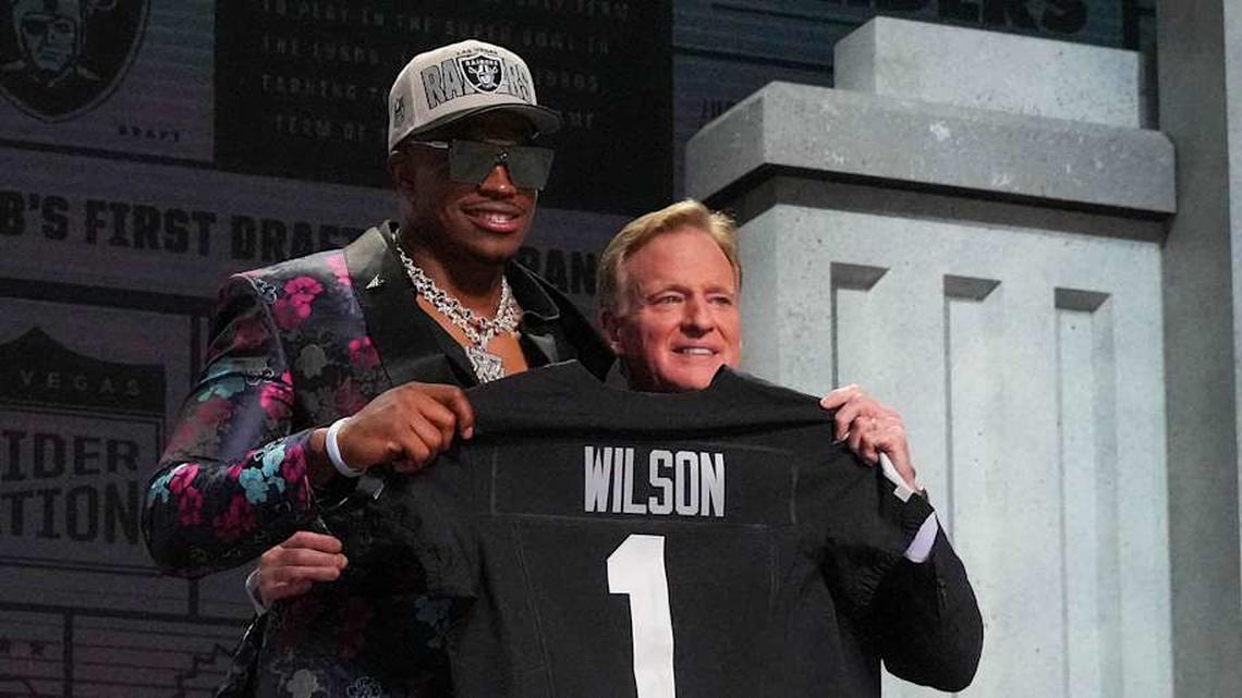  Apr 27, 2023; Kansas City, MO, USA; Texas Tech defensive end Tyree Wilson with NFL commissioner Roger Goodell after being selected by the Las Vegas Raiders seventh overall in the first round of the 2023 NFL Draft at Union Station. Mandatory Credit: Kirby Lee-Imagn Images | Kirby Lee-Imagn Images 