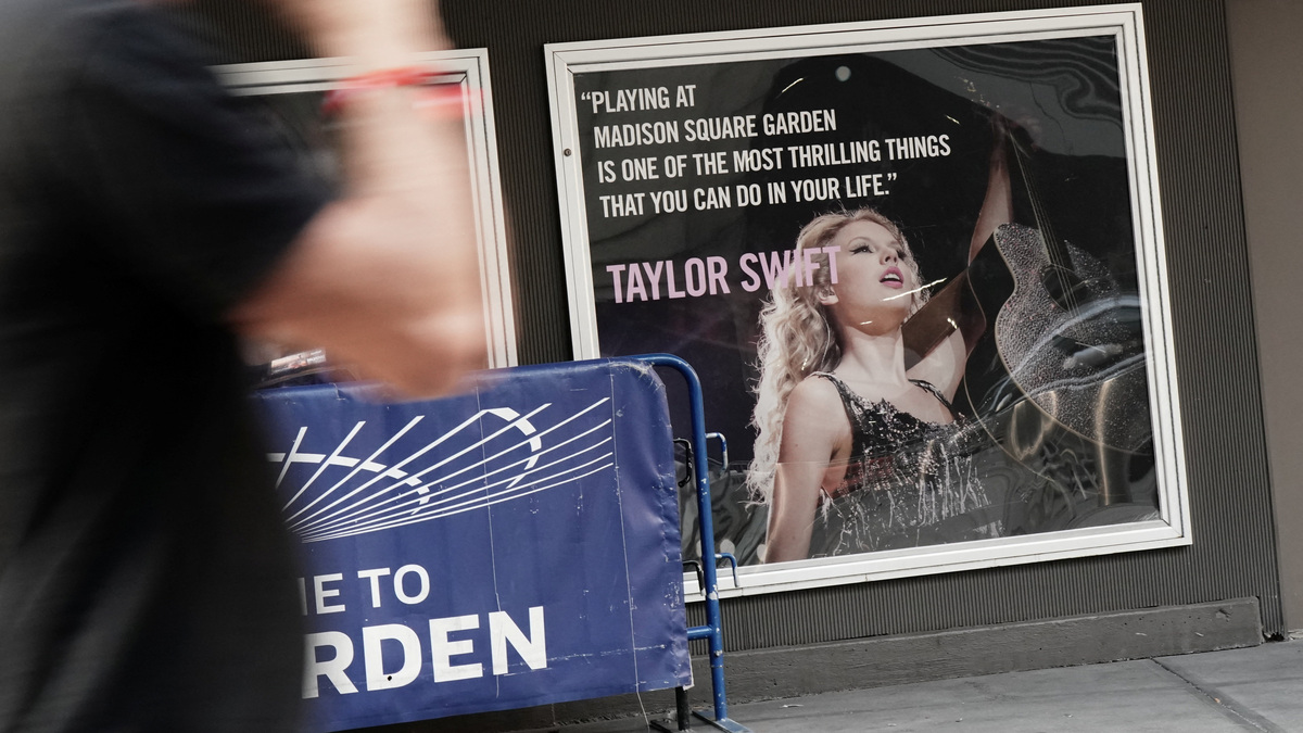 Signage depicting Taylor Swift outside Madison Square Garden, ahead of a reported wedding between the singer and NFL player Travis Kelce, in New York City on Wednesday.