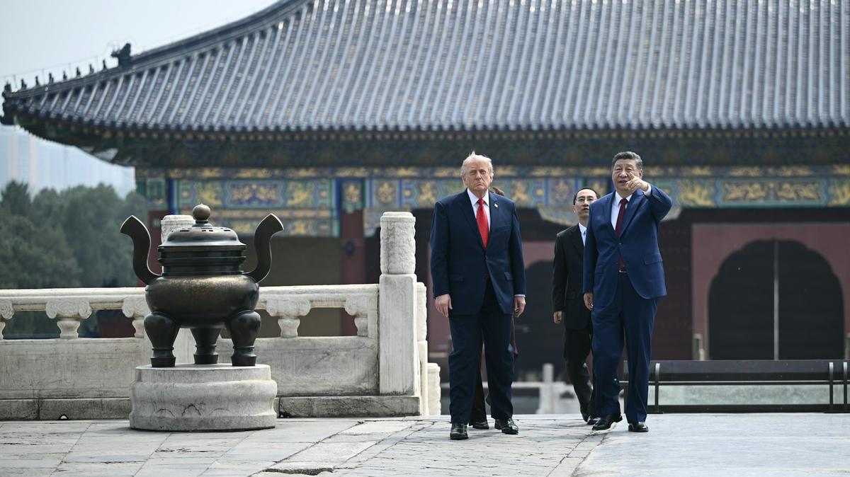 China's President Xi Jinping and U.S. President Donald Trump visit the Temple of Heaven in Beijing on May 14, 2026. 