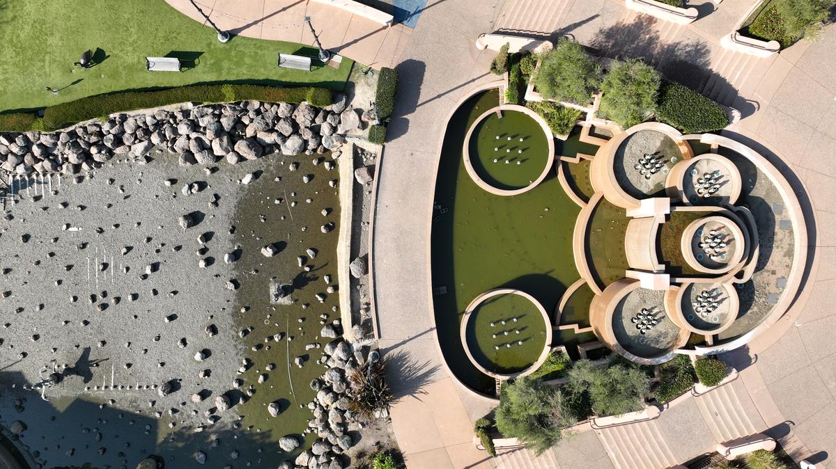 An aerial view of a stagnant fountain at Blackhawk Plaza in Danville, Calif., on Thursday, Feb. 5, 2026. The plaza is losing tenants, and its principal owners may lose control of the property depending on the outcome of a court proceeding in Southern California. (Jane Tyska/Bay Area News Group)