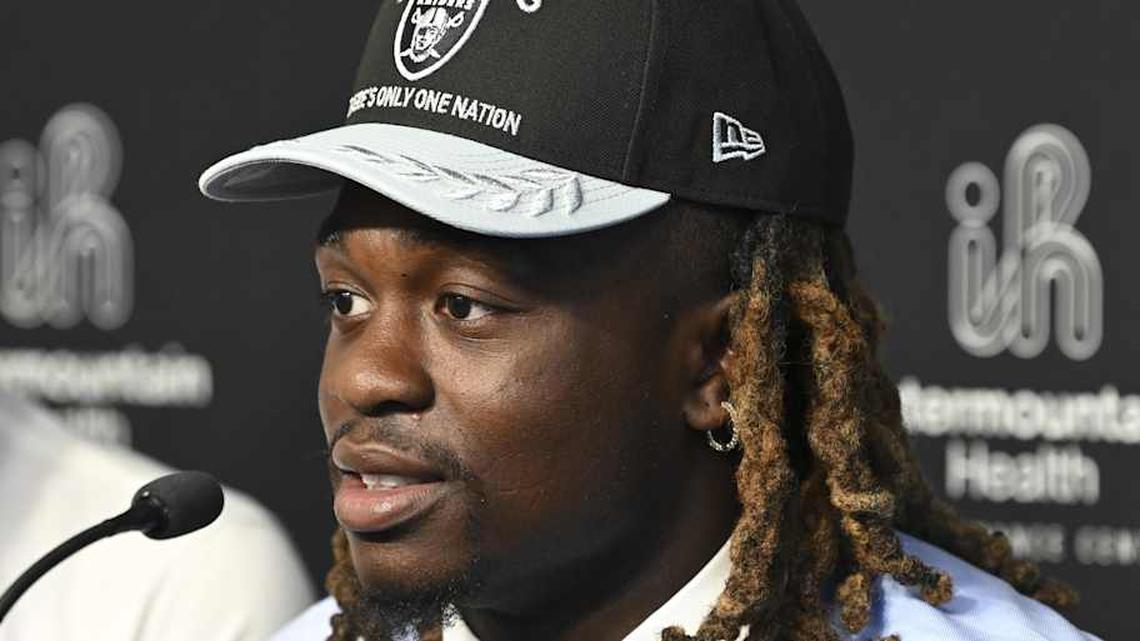  Apr 25, 2025; Henderson, NV, USA; Las Vegas Raiders first round draft pick in the 2025 NFL Draft Ashton Jeanty, speaks to the media at Intermountain Health Performance Center. Mandatory Credit: Candice Ward-Imagn Images | Candice Ward-Imagn Images 