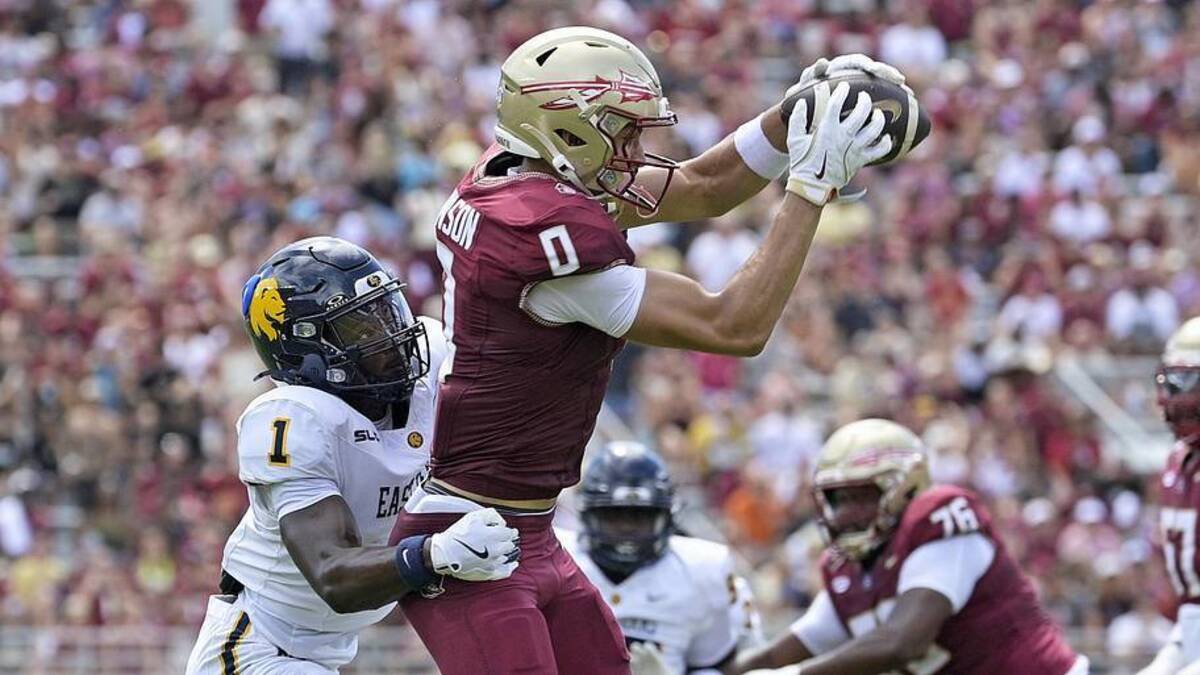  Sep 6, 2025; Tallahassee, Florida, USA; Florida State Seminoles wide receiver Duce Robinson (0) catches a pass over East Texas A&M Lions cornerback Kaleb Miles (1) during the first half at Doak S. Campbell Stadium. Mandatory Credit: Melina Myers-Imagn Images | Melina Myers-Imagn Images 