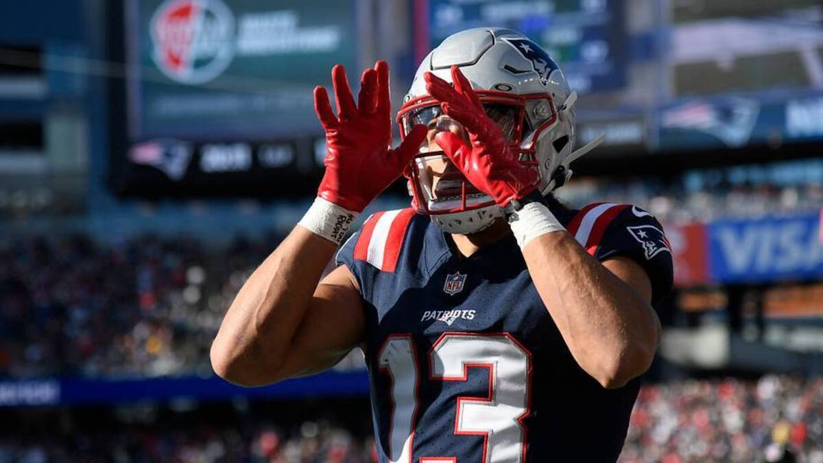  Oct 26, 2025; Foxborough, Massachusetts, USA; New England Patriots wide receiver Mack Hollins (13) reacts during the third quarter against the Cleveland Browns at Gillette Stadium. Mandatory Credit: Bob DeChiara-Imagn Images | IMAGN IMAGES via Reuters Connect 