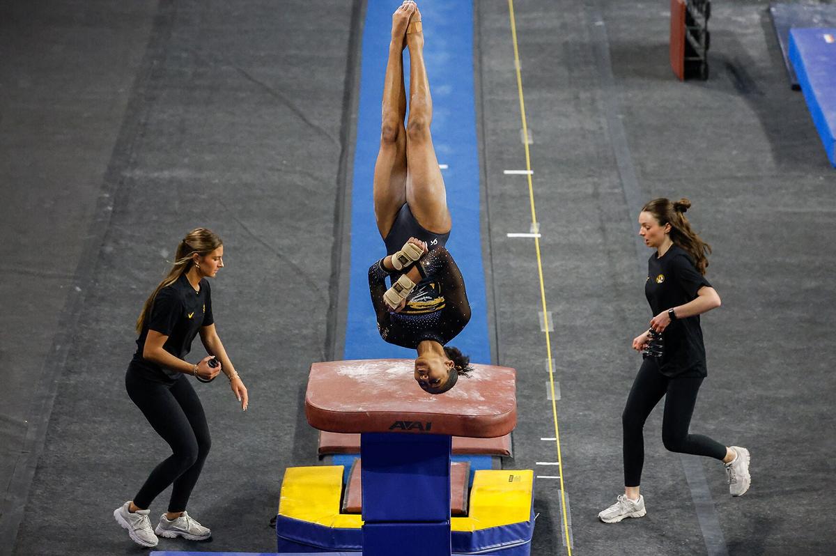 Railey Jackson warms up her vault during the NCAA Lexington Regional Finals on Sunday, April 5, 2026, at the Historic Memorial Coliseum, in Lexington, Ky. The Tigers earned a 49.225 on vault.