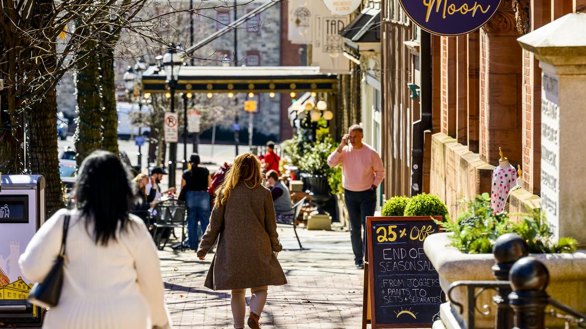 Main Street in Bethlehem bustles with people Monday, March 9, 2026, after a news conference at Schropp Dry Goods Shoppe in the city unveiling that the area was nominated in USA Today’s 10Best Main Street competition for 2026. It won in 2025. The news conference also promoted the Our Star Shines All Year Round initiative designed to convince travelers to visit Bethlehem. (April Gamiz/The Morning Call)