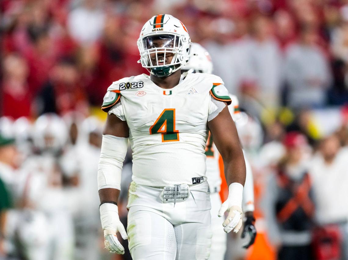  Jan 19, 2026; Miami Gardens, FL, USA; Miami Hurricanes defensive lineman Rueben Bain Jr. (4) against the Indiana Hoosiers during the College Football Playoff National Championship game at Hard Rock Stadium. Mandatory Credit: Mark J. Rebilas-Imagn Images 