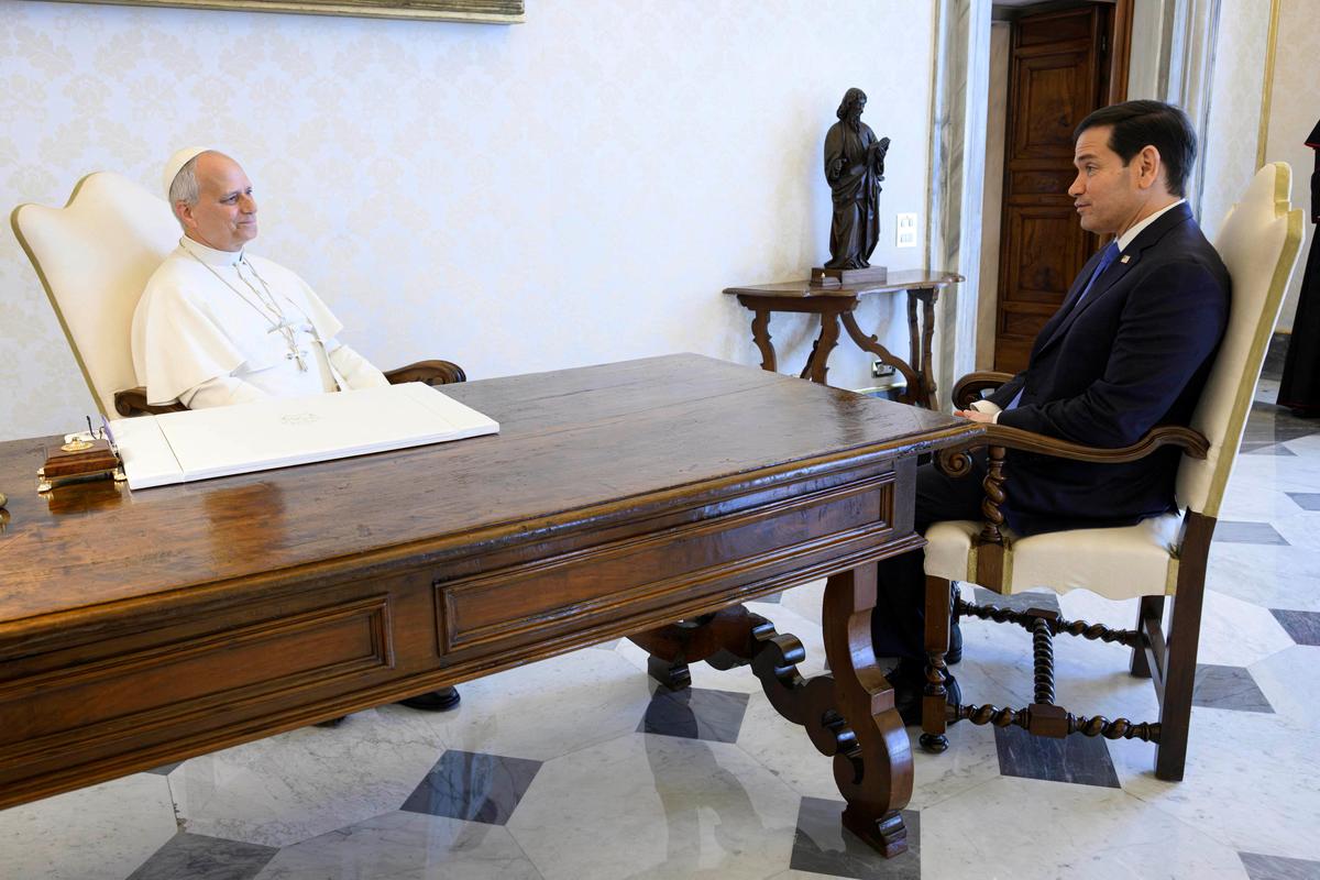 Pope Leo XIV meets U.S. Secretary of State Marco Rubio at the Vatican, May 7, 2026. Vatican Media/Simone Risoluti/Handout via REUTERS
