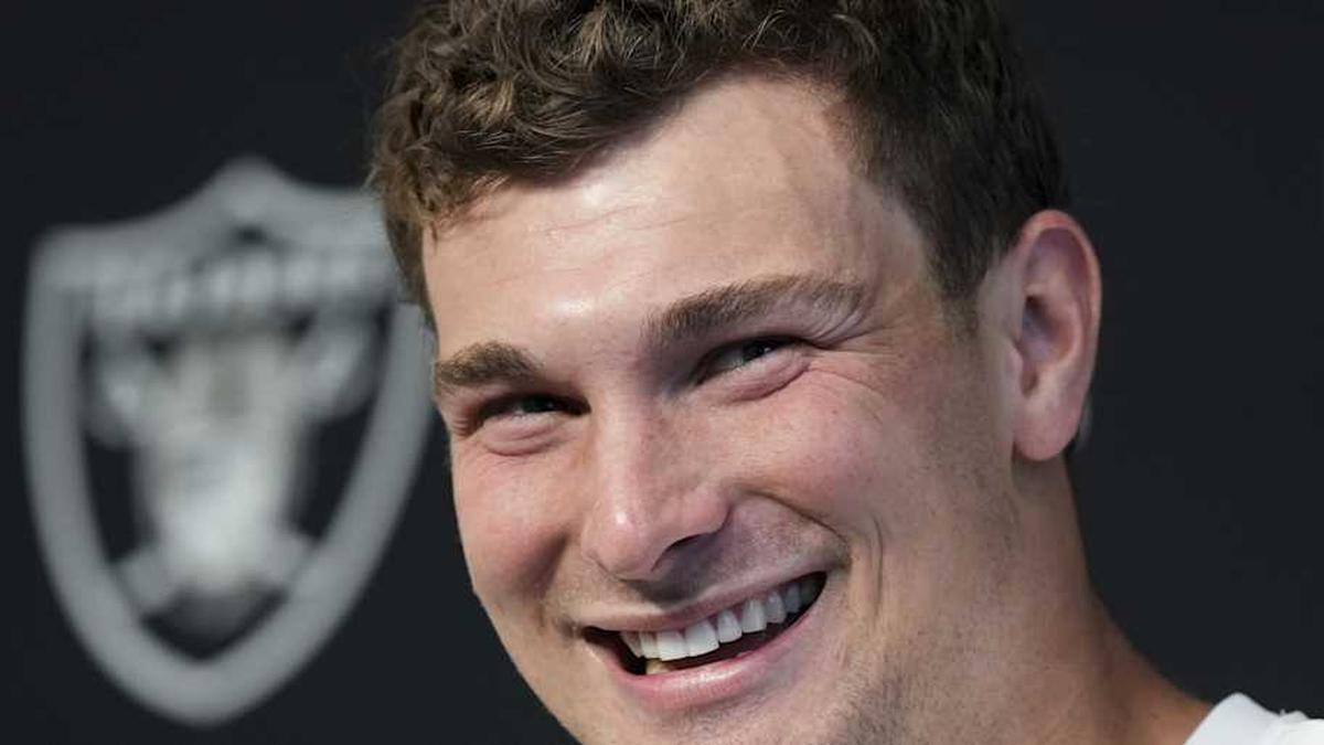  May 2, 2026; Henderson, NV, USA; Las Vegas Raiders quarterback Fernando Mendoza (15) speaks during a news conference at the team's Rookie Minicamp at Intermountain Health Performance Center. Mandatory Credit: Candice Ward-Imagn Images | Candice Ward-Imagn Images 