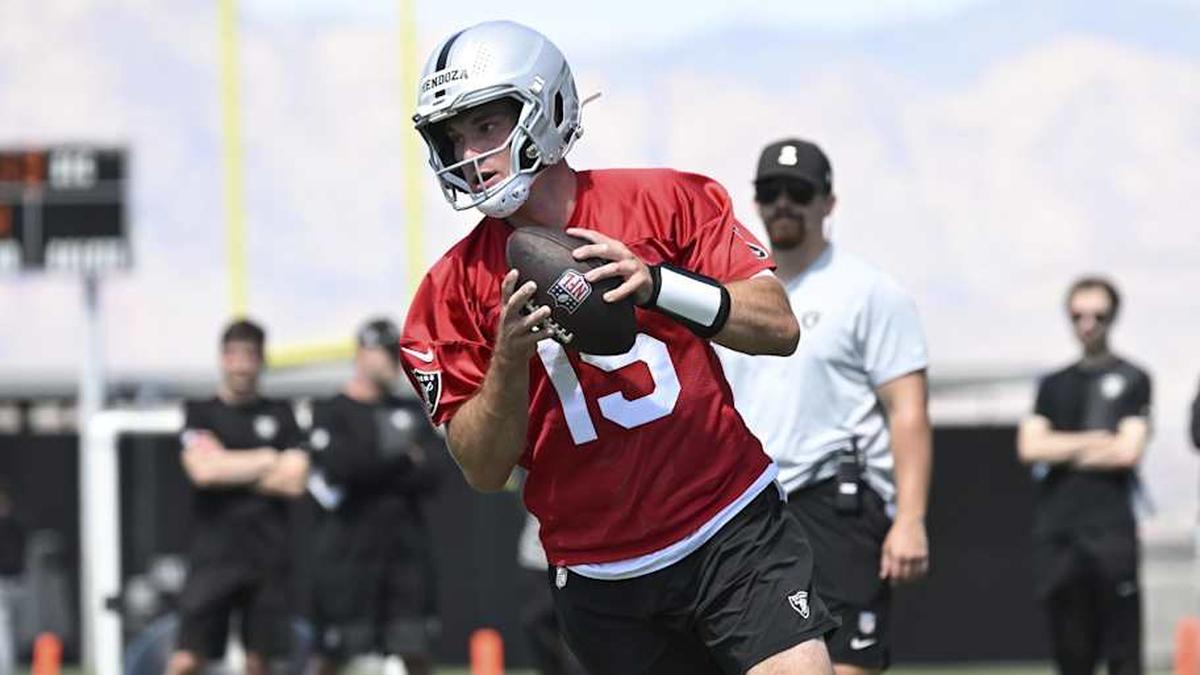  May 2, 2026; Henderson, NV, USA; Las Vegas Raiders quarterback Fernando Mendoza (15) runs through a drill during a Rookie Minicamp at Intermountain Health Performance Center. Mandatory Credit: Candice Ward-Imagn Images | Candice Ward-Imagn Images 