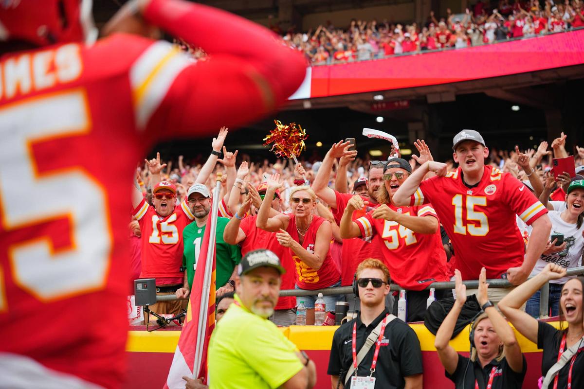  Kansas City Chiefs fans celebrate after a touchdown by quarterback Patrick Mahomes against the Philadelphia Eagles at GEHA Field at Arrowhead Stadium. Jay Biggerstaff-Imagn Images