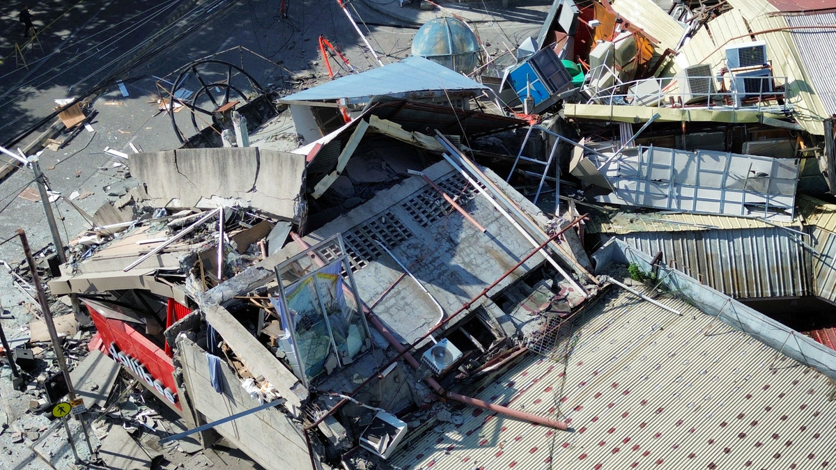 A drone view shows collapsed buildings after a magnitude 7.8 quake in General Santos, Mindanao Island, Philippines, June 8, 2026. GenSan DEV/Handout via REUTERS
