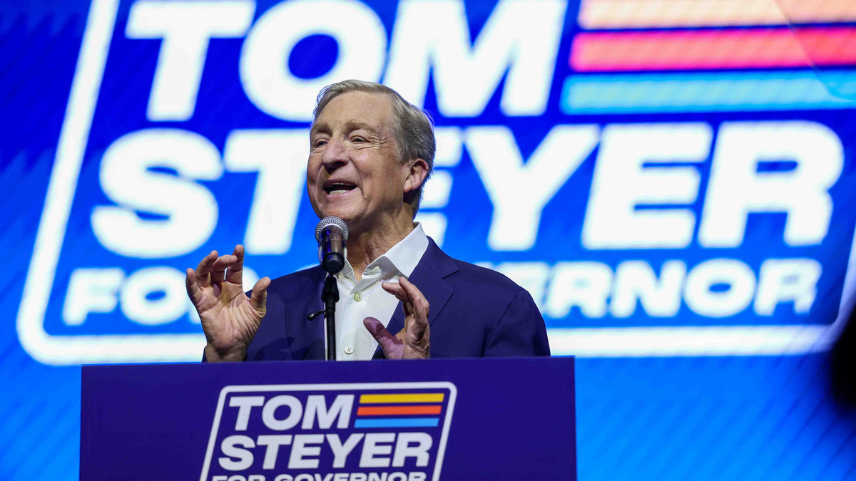 Democratic gubernatorial candidate Tom Steyer speaks to supporters during his election night party at The Regency Ballroom in San Francisco on June 2, 2026. (Ray Chavez/Bay Area News Group/TNS)