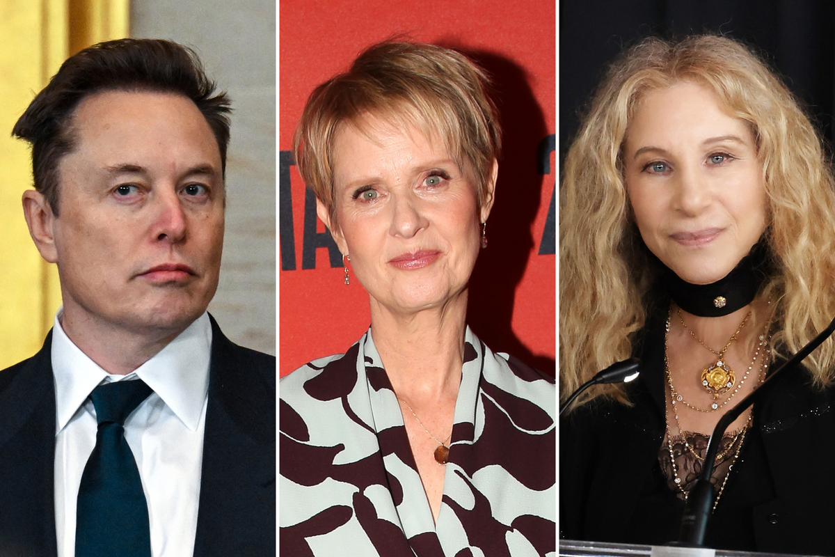 From left: Elon Musk attends President Donald Trump’s inauguration on January 20, 2025, in Washington. Cynthia Nixon in New York City on November 4, 2025. Barbra Streisand speaks during the Genesis Prize Award Dinner on June 6, 2024, in Malibu, California. 