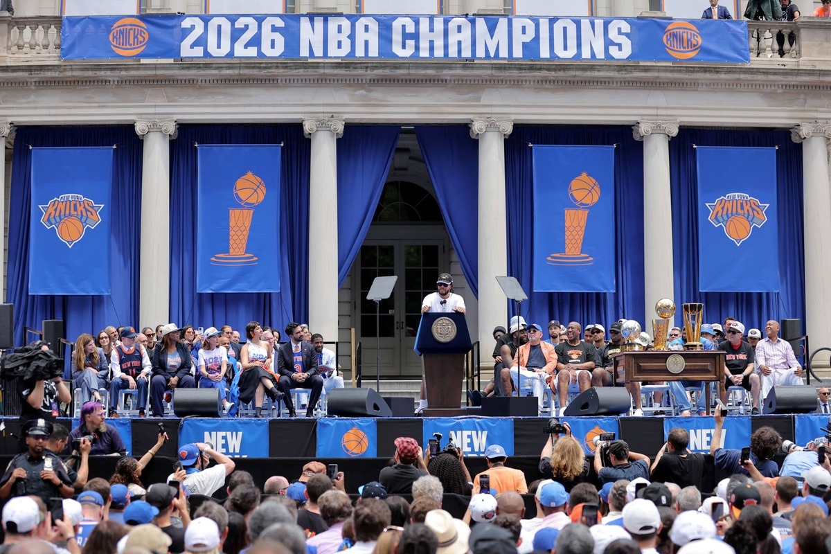  NBA Finals MVP Jalen Brunson speaks during a ceremony at New York City Hall following the Knicks' NBA championship parade. Brad Penner - IMAGN IMAGES via Reuters Connect