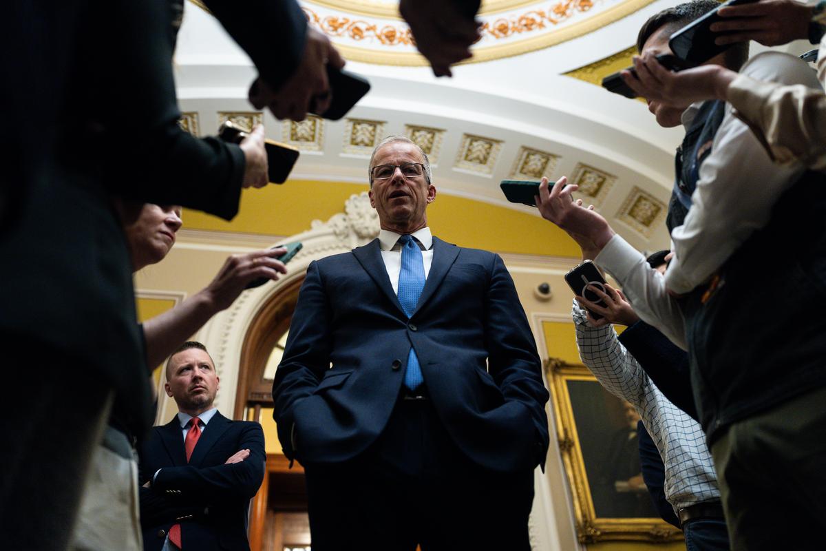 FILE -- Senate Majority Leader John Thune (R-S.D.) speaks to reporters at the U.S. Capitol in Washington, April 2, 2026. Senate Republicans are exploring using their major immigration crackdown bill to curb a Justice Department fund that President Donald Trump has said he wants to use to pay people who claim to have been unfairly targeted by the government. (Tierney L. Cross/The New York Times)