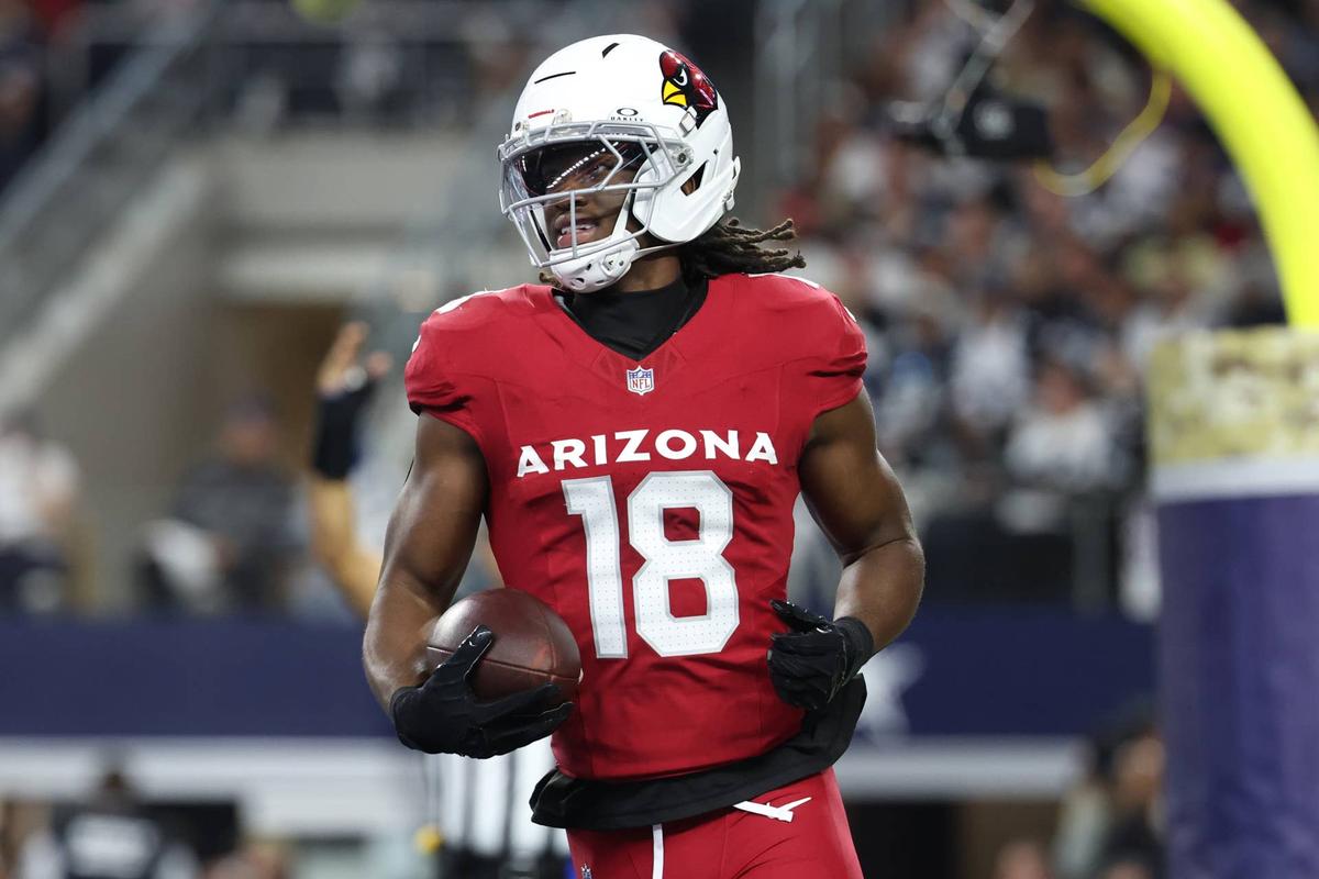  Nov 3, 2025; Arlington, Texas, USA; Arizona Cardinals wide receiver Marvin Harrison Jr. (18) scores a touchdown against the Dallas Cowboys in the first half at AT&T Stadium. Mandatory Credit: Kevin Jairaj-Imagn Images 