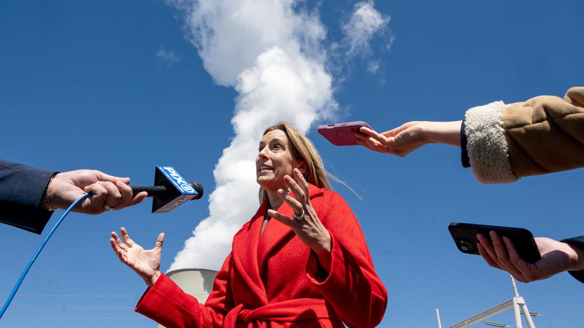 Gov. Mikie Sherrill, who embraces an all-of-the-above energy approach, talks with reporters after an event at the PSEG Salem and Hope Creek Nuclear Generating Station in Lower Alloways Creek, New Jersey. (Tom Gralish/The Philadelphia Inquirer/TNS)