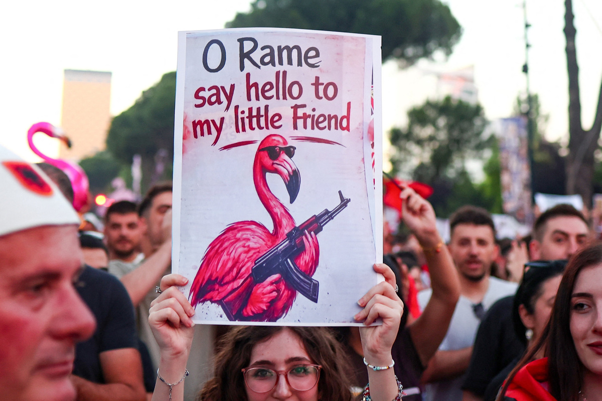 People take part in a protest against a luxury resort, a plan by a company linked to U.S. President Donald Trump's son-in-law, Jared Kushner, on an environmentally sensitive part of the Adriatic coast, in Tirana, Albania, June 10, 2026. REUTERS/Florion Goga