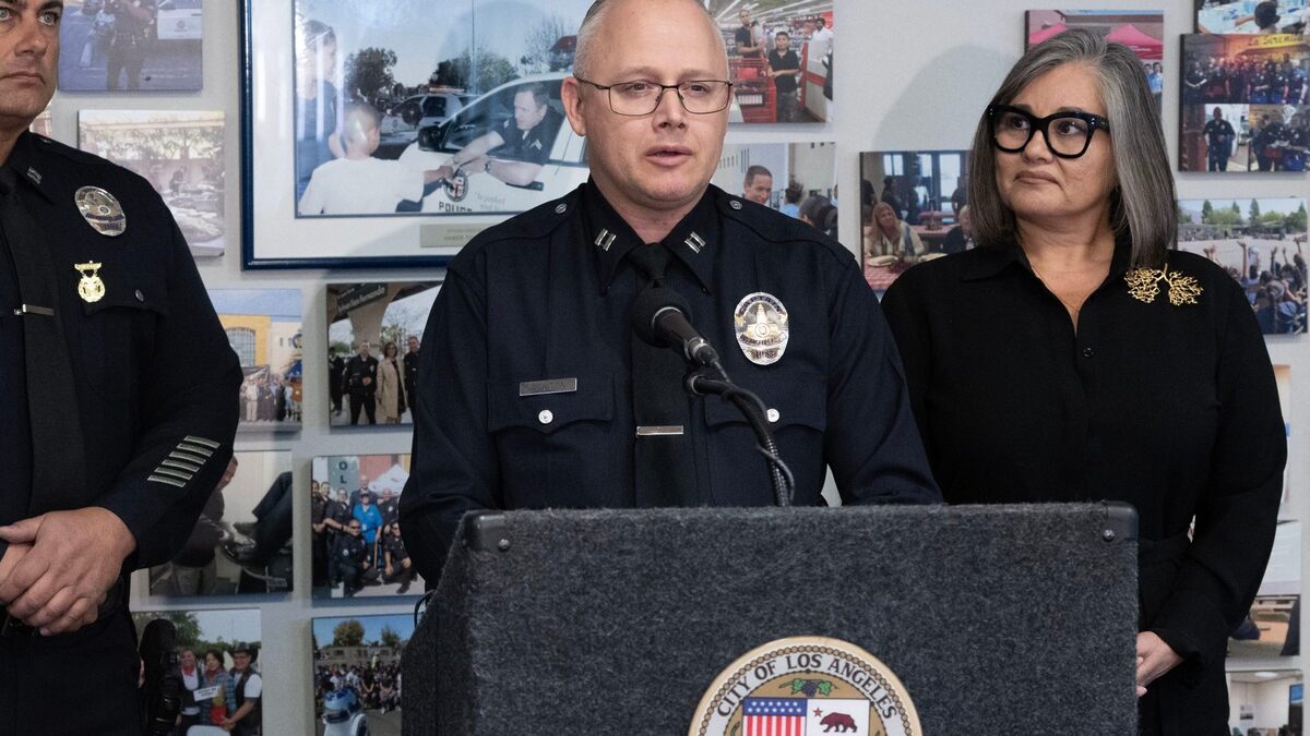 LAPD Captain Garrett Peyton speaks as (l-R)  Captain Mark Guardado, and  L.A. City Councilwoman Monica Rodriguez listen during a press conference at the Los Angeles Police Department’s Mission Station on Friday, Oct 24, 20205. The press conference was held to address the arrest of two suspects and the search for two more who were involved in the attempted theft of $50,000 worth of copper wire. Four individuals were witnessed removing copper wire from a pole in Mission Hills before LAPD responded, arresting two of the four thieves. (Photo by Hans Gutknecht, Los Angeles Daily News/SCNG)