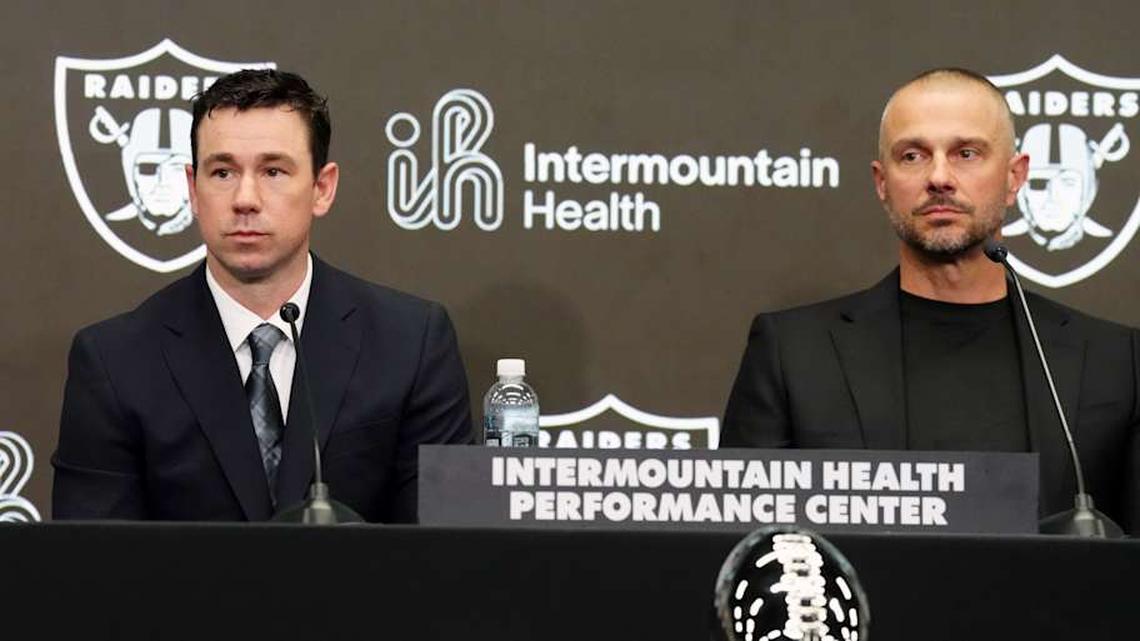  Feb 10, 2026; Henderson, NV, USA; Las Vegas Raiders coach Klint Kubiak (left) and general manager John Spytek at introductory press conference at Intermountain Health Performance Center. Mandatory Credit: Kirby Lee-Imagn Images | Kirby Lee-Imagn Images 